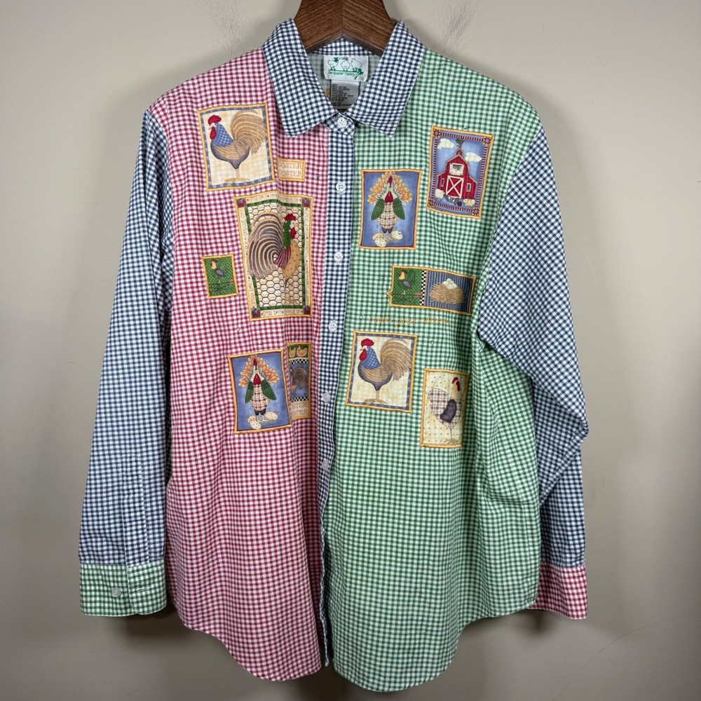 The Quaker Factory "Count Your Chickens" Colorblock Gingham Button Down Shirt 1X